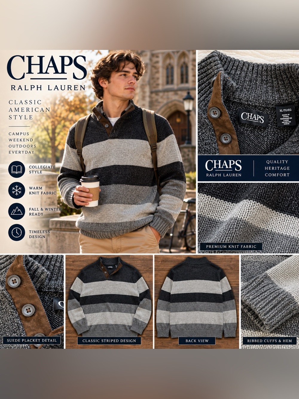 Chaps Ralph Lauren Men XL Striped Mock Neck Sweater Suede Trim Heritage Preppy